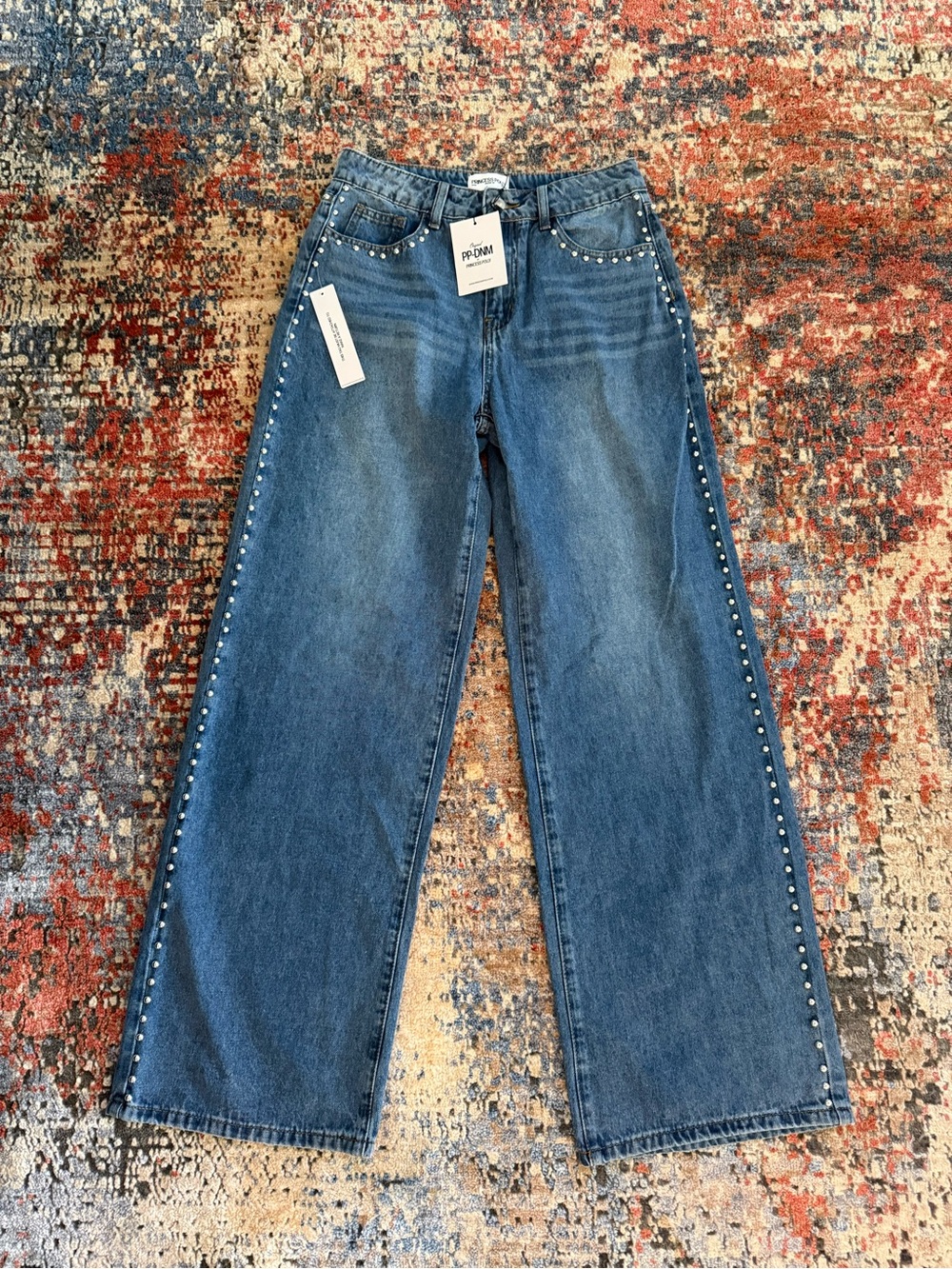 Princess Polly Blue Wide-Leg Studded Jeans
